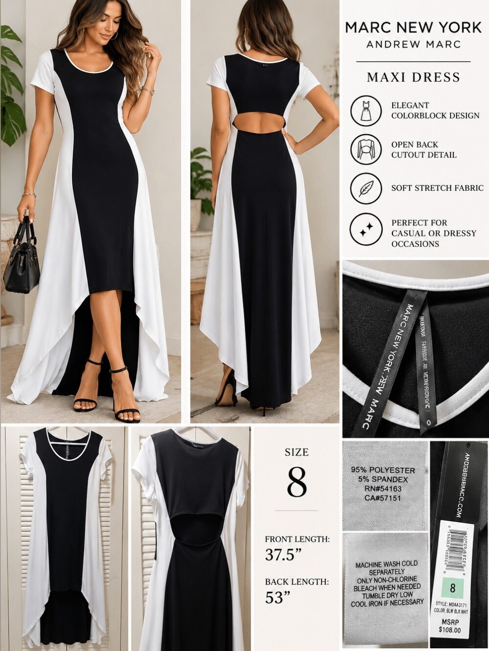 Marc New York Andrew Marc Black & White Cutout Maxi Dress Size 8 NWT